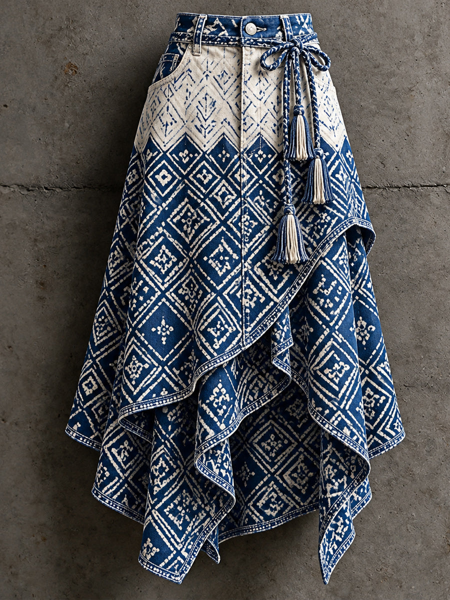 Women's Retro Style Art Print Irregularly Layered Stitched Skirt