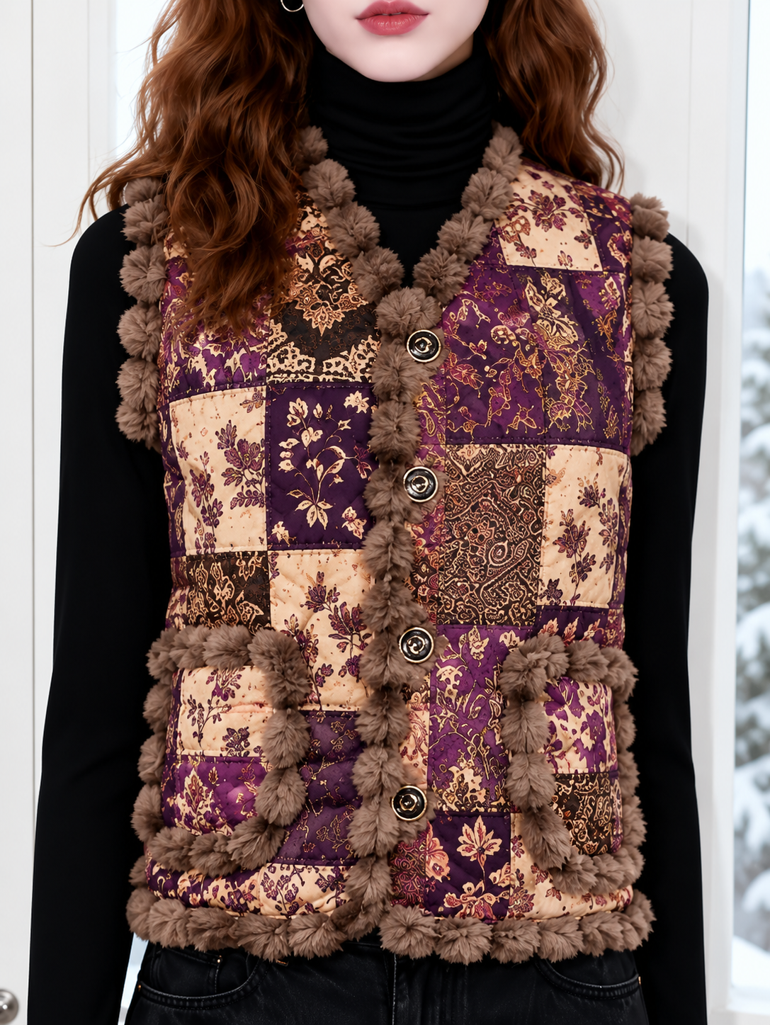 Women's Fall Winter Vintage Art Patchwork Fleece-Trimmed Vest