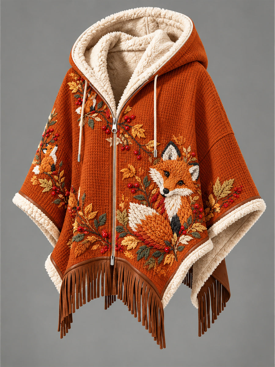 Women's Fall Winter Vintage Art Fleece-Lined Hooded Fringe Poncho