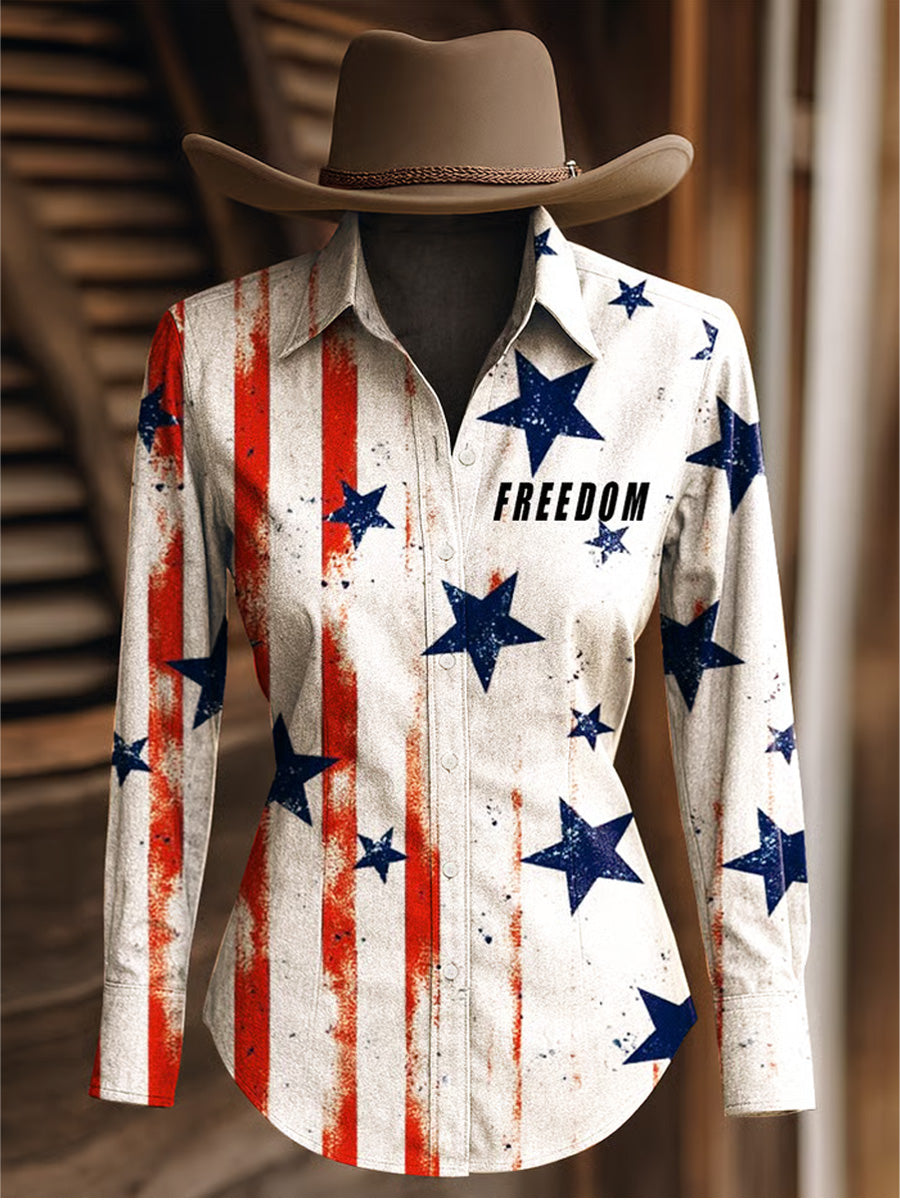 Women's Retro Freedom American Flag Print Long Sleeves Shirt