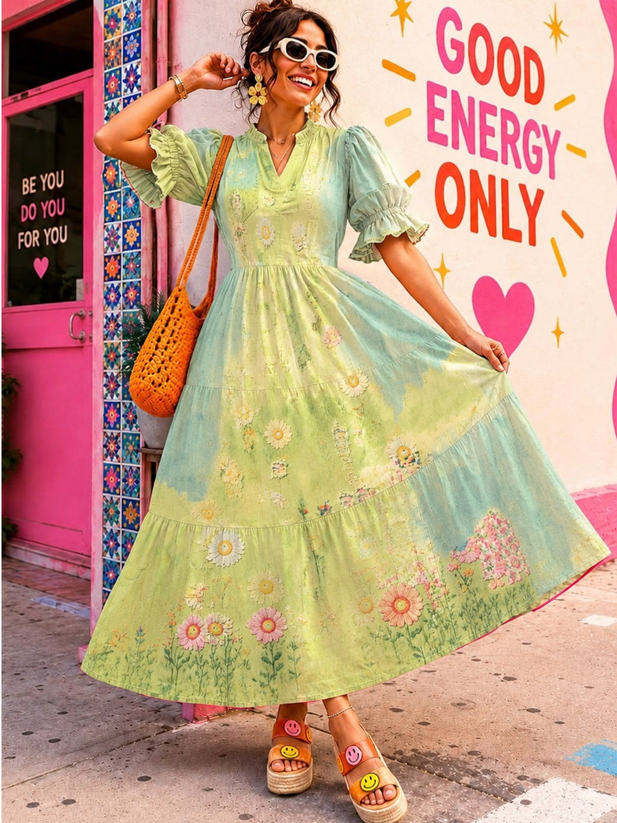 Women's Retro Art Print Washed Cotton Lace Patchwork Midi Dress