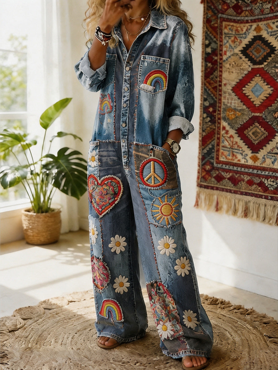 Women's Retro Style Art Print Washed V-Neck Cotton Denim Patchwork Jumpsuit
