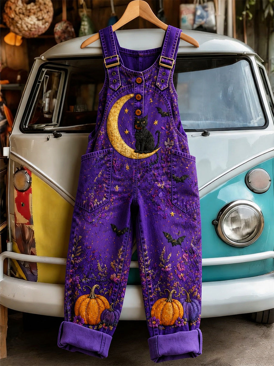 Women's Retro Style Art Print Washed Cotton Denim Patchwork Jumpsuit