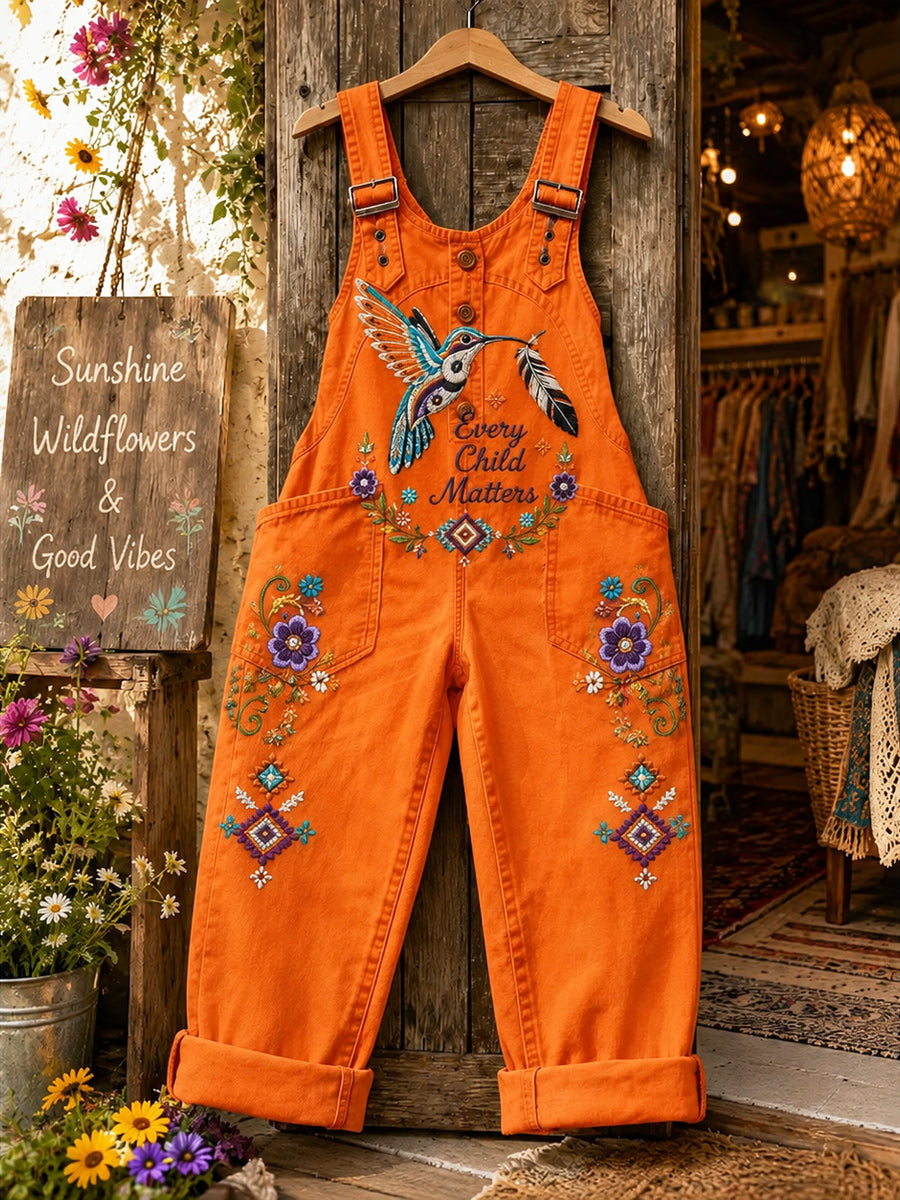 Women's Retro Style Art Print Washed Cotton Denim Patchwork Jumpsuit