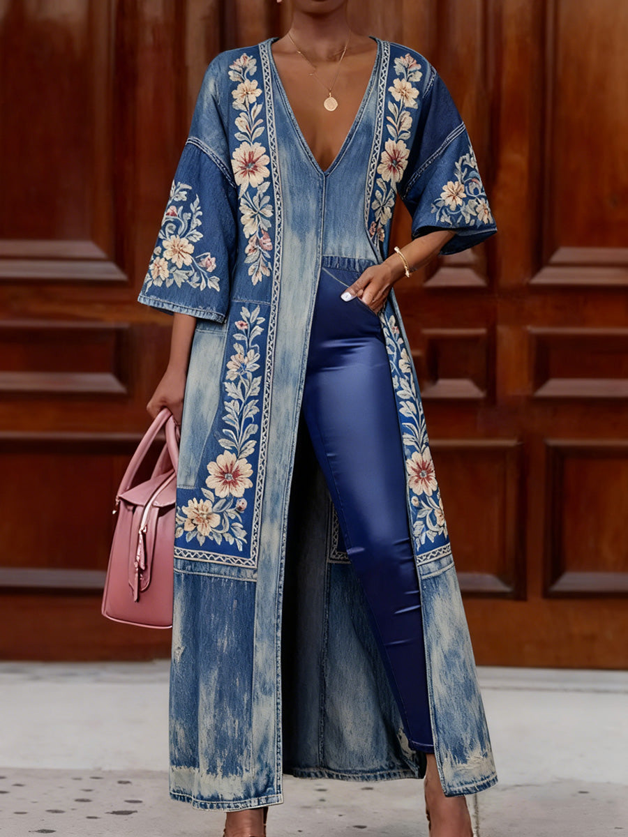 Retro Boho Denim Floral Art Print Vintage Long Split Shirts Dress Skinny Pants Two-Piece Set