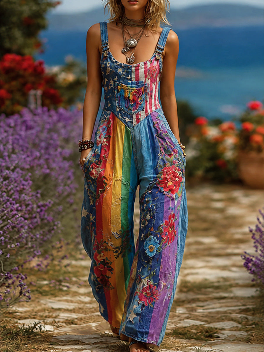 Women's Retro Style Art Print Washed Cotton Denim Patchwork Jumpsuit