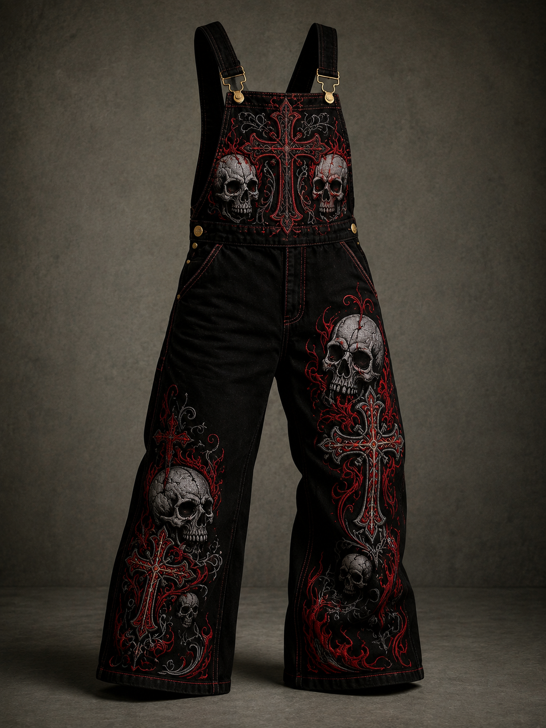 Men's Skull Art Print Vintage Casual Denim Patchwork Jumpsuit