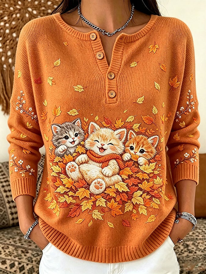 Women's Casual Print Button-Up Collar Knit Top