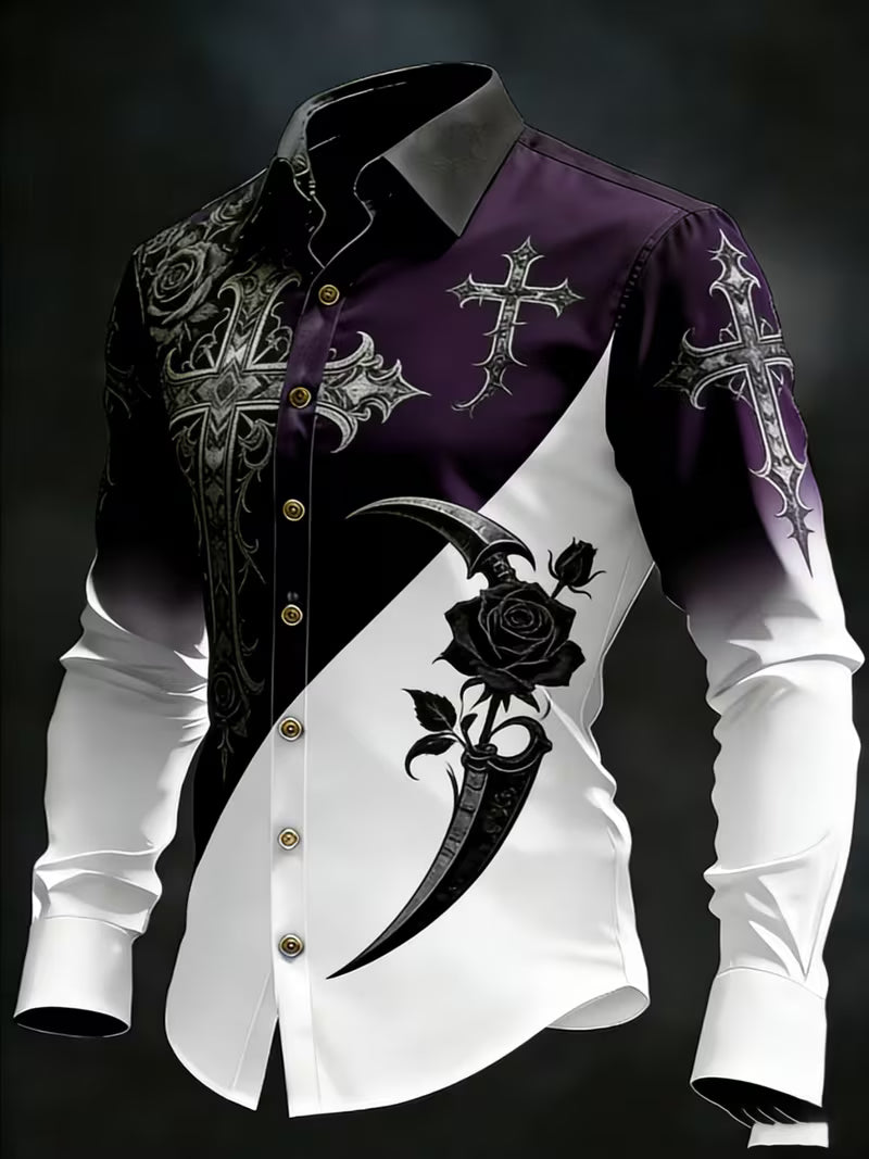 Gothic Skull Halloween Art Print Vintage Casual Long Sleeve Shirt
