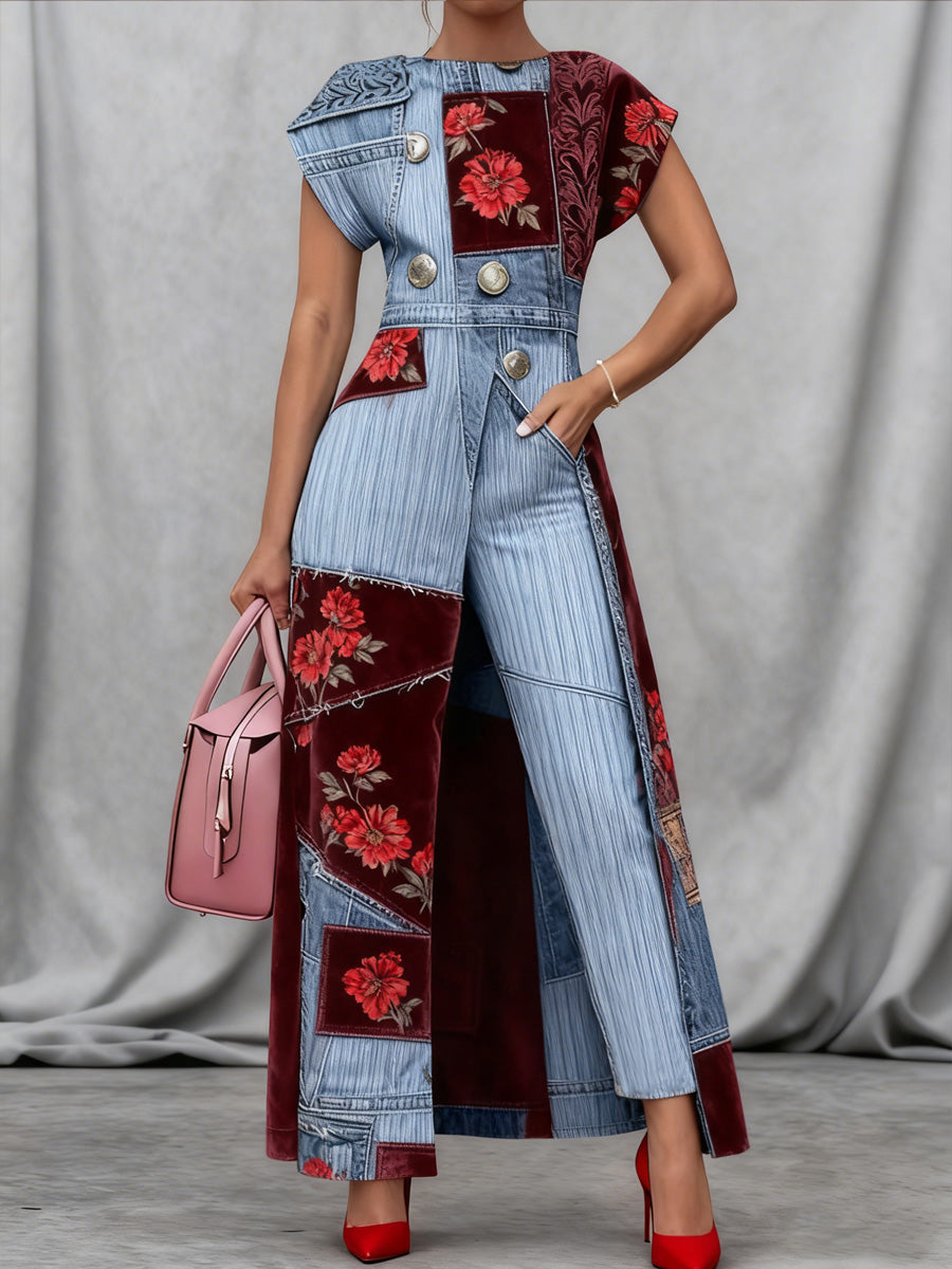 Retro Boho Denim Floral Art Print Vintage Long Split Shirts Dress Skinny Pants Two-Piece Set
