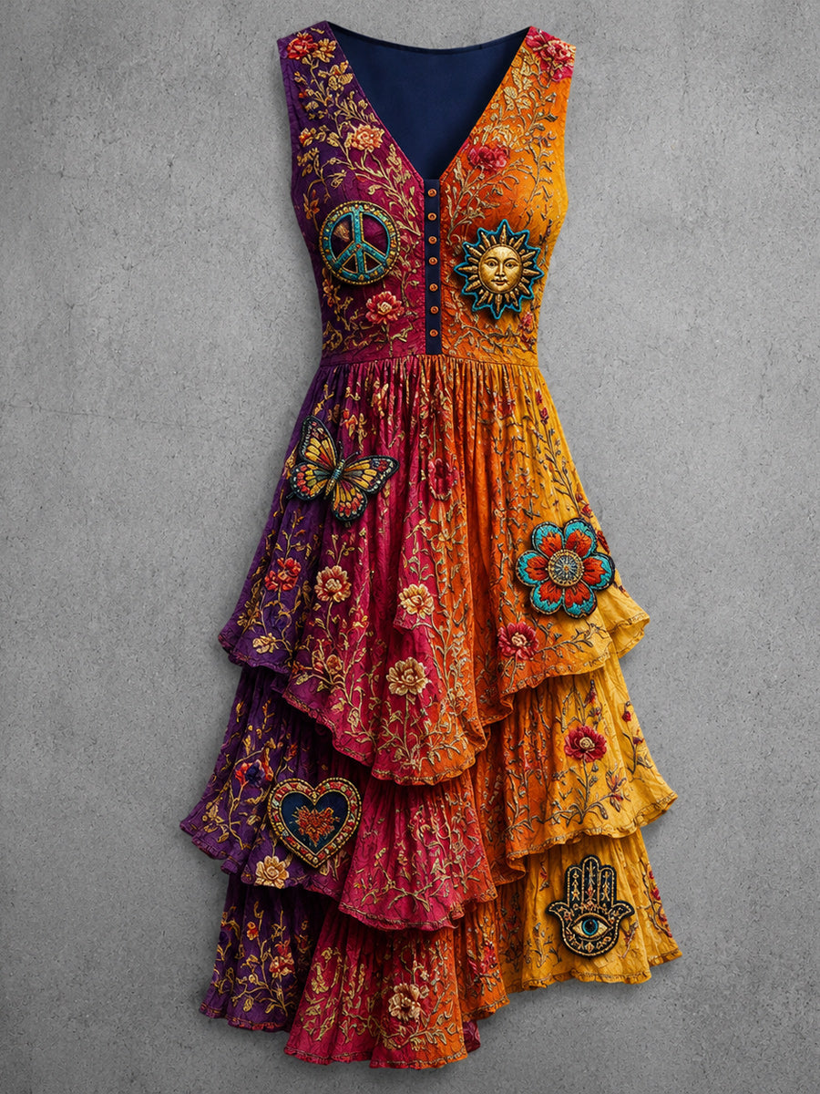 Retro Art Print Vintage V-Neck Button Up Midi Dress