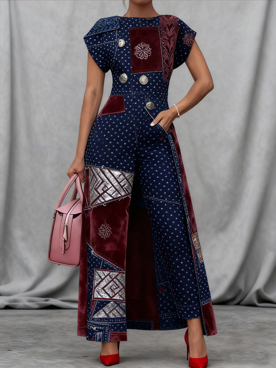 Retro Boho Denim Floral Art Print Vintage Long Split Shirts Dress Skinny Pants Two-Piece Set