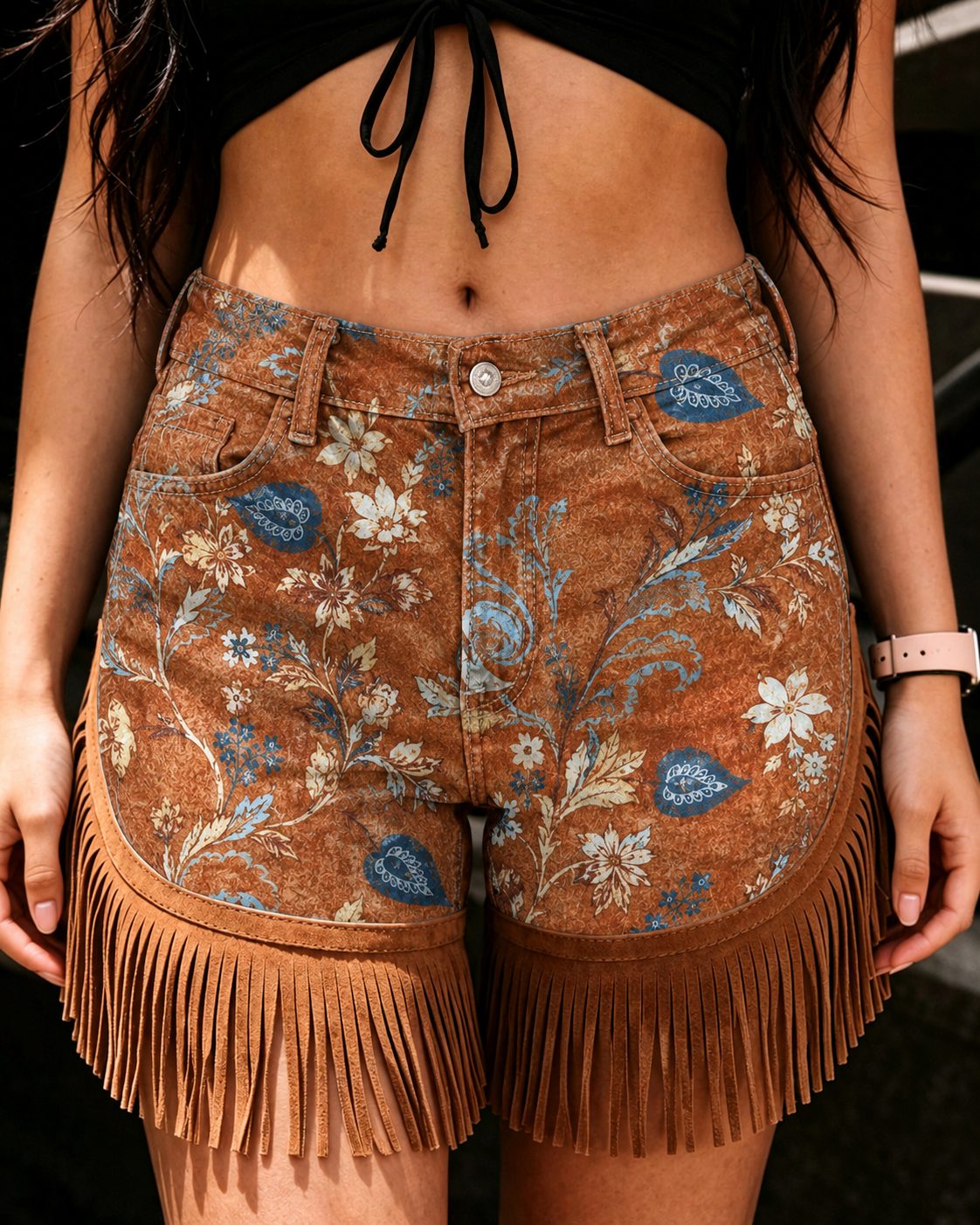 Retro Art Print Casual Leather Fringe Patchwork Pocket Shorts