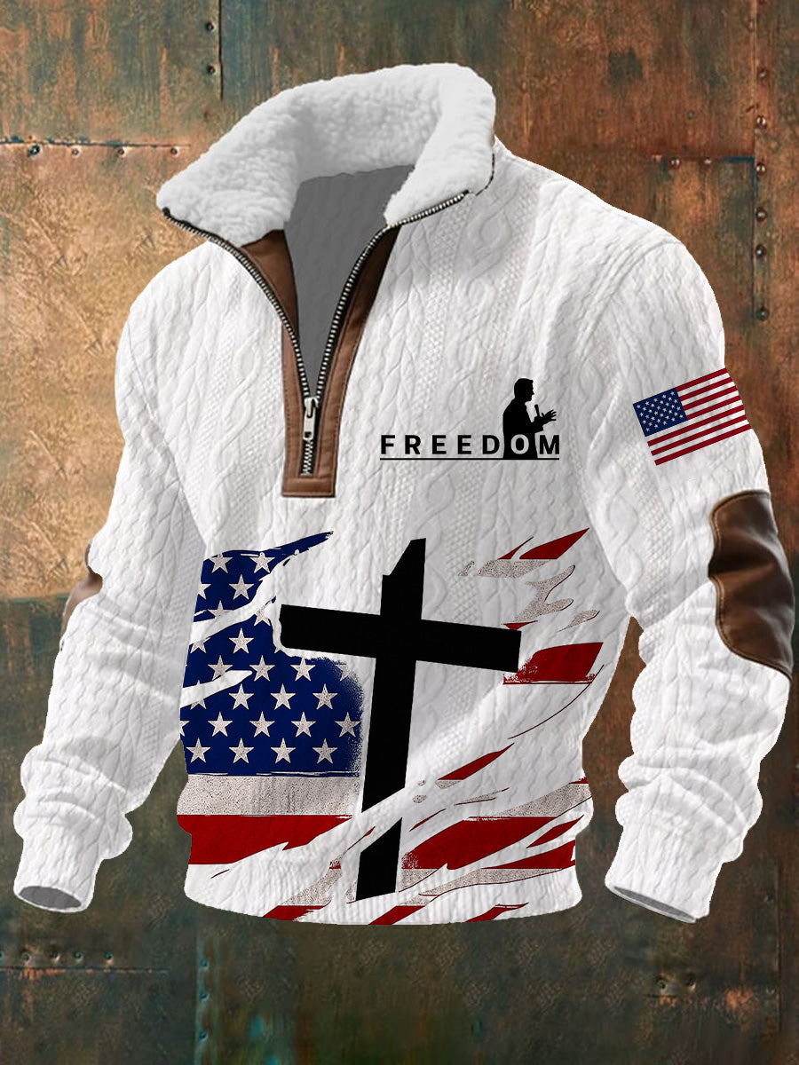 Men's Freedom American Flag Printed Jacquard Fabric Zipper Fur Collar Long Sleeve Sweatshirt