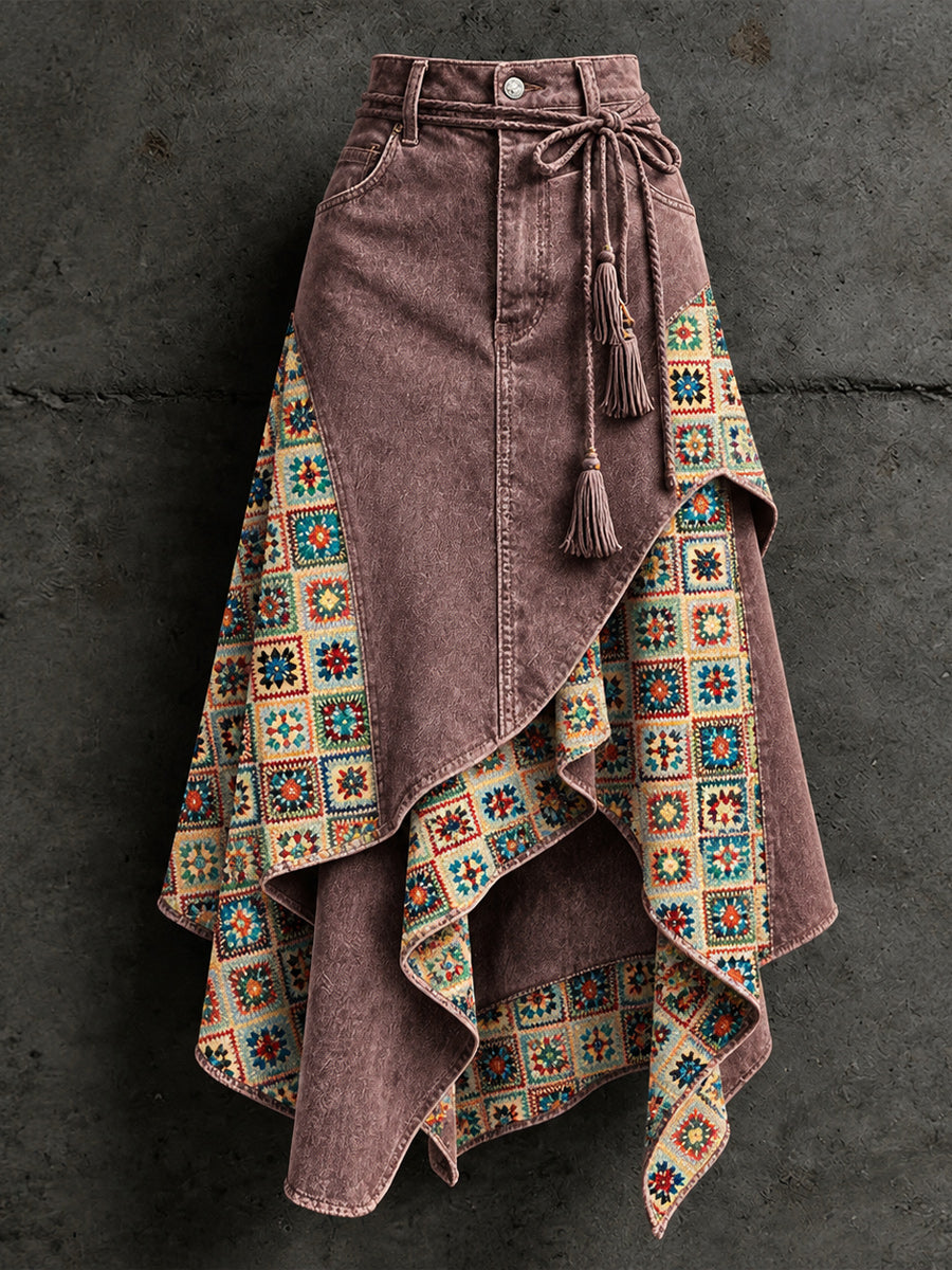 Women's Retro Style Art Print Irregularly Layered Stitched Skirt
