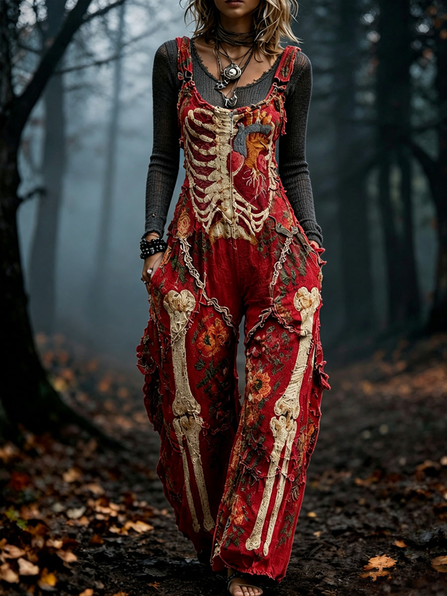 Women's Retro Autumn Style Art Print Washed Cotton Denim Patchwork Jumpsuit