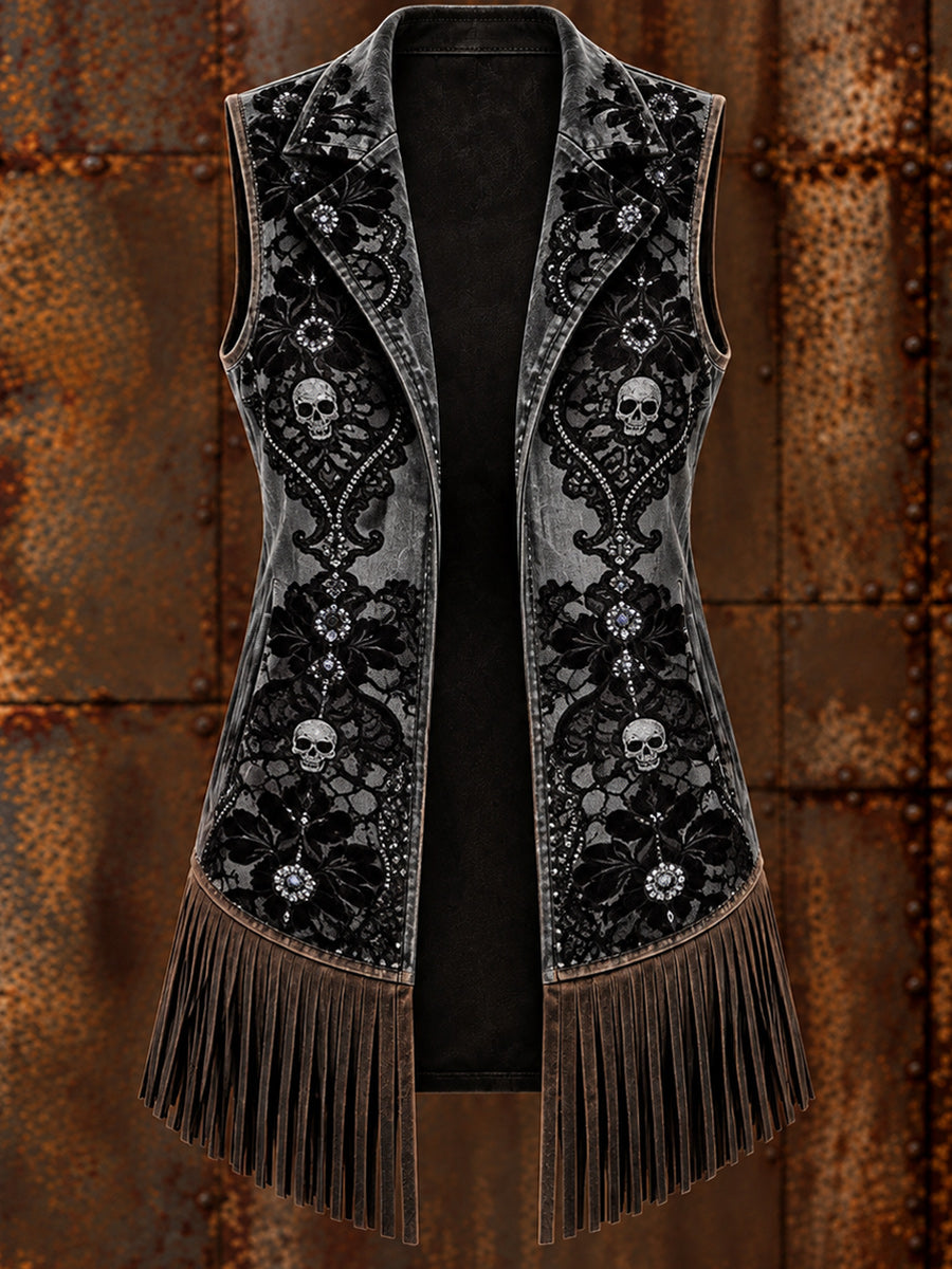 Women's Western Art Print Sleeveless Fringe Jacket