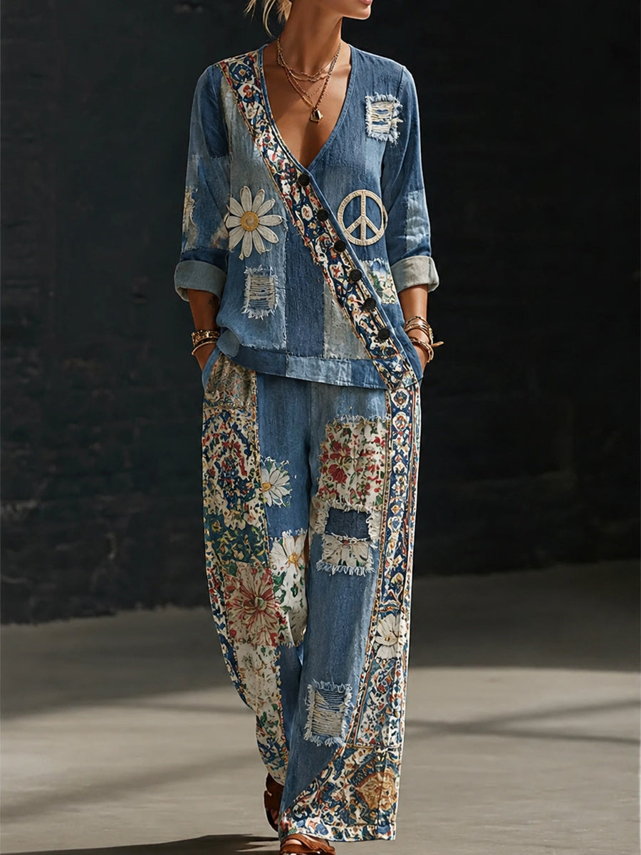 Retro Style Design Art Printed V-Neck Long-Sleeved Top And Pants Set