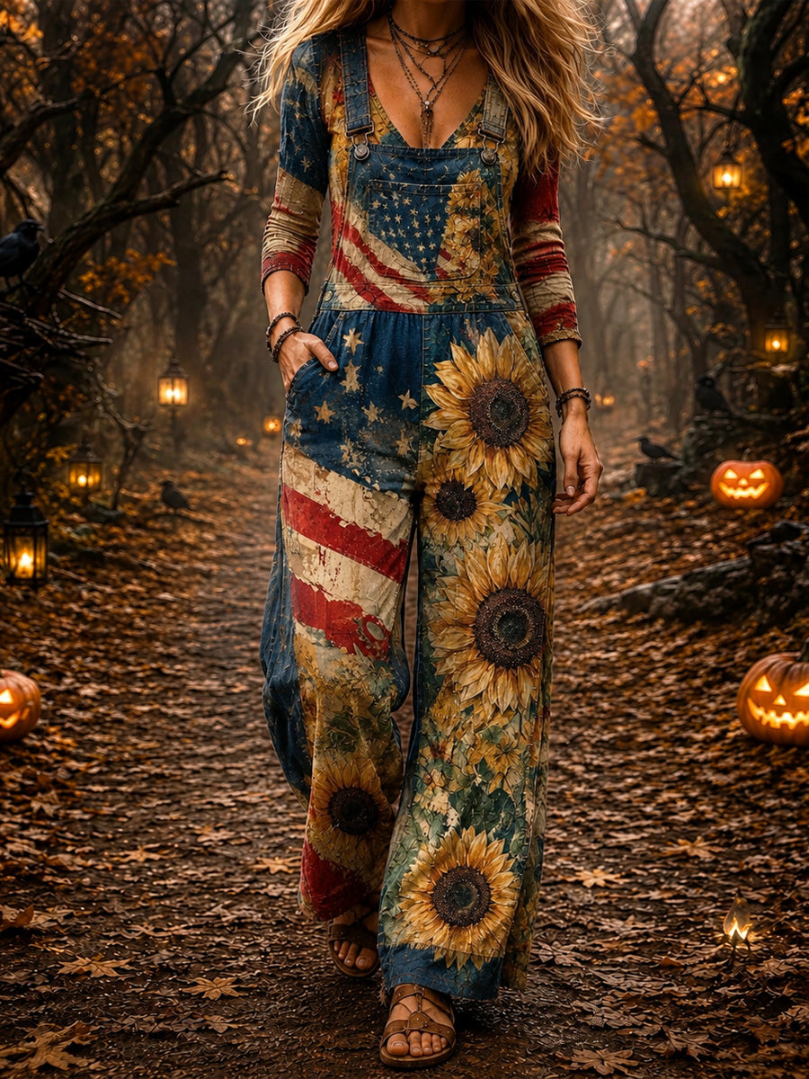 Women's Retro Style Art Print Washed Cotton Denim Patchwork Jumpsuit
