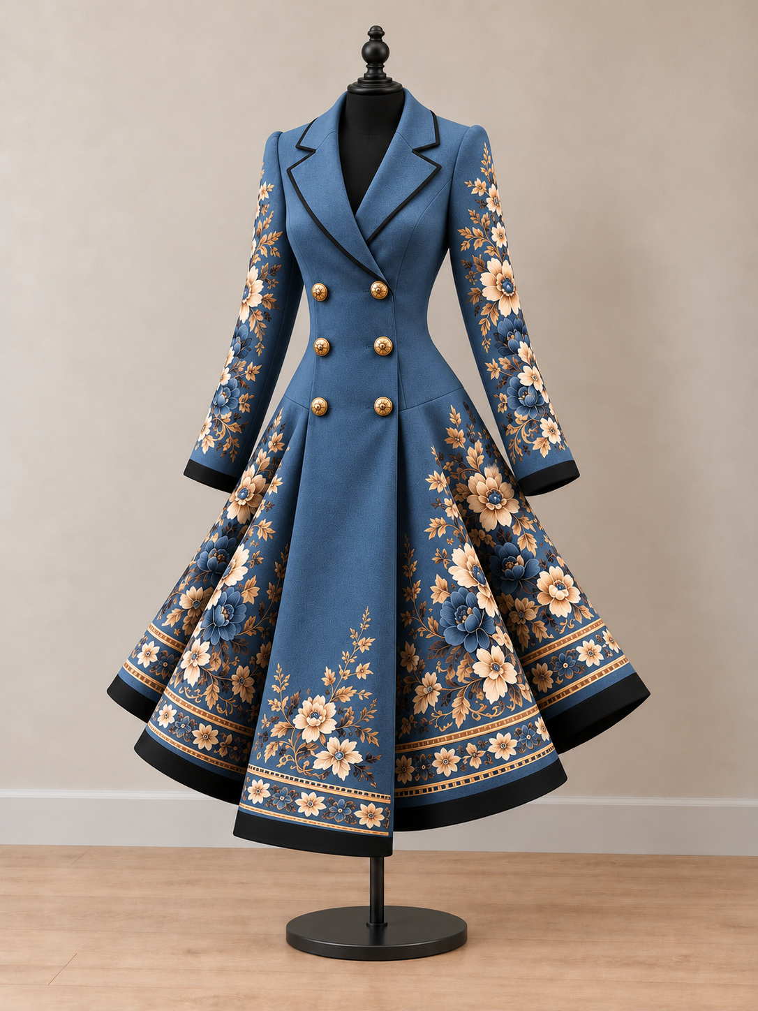 Women's Vintage Art Print Double-Breasted Fit and Flare Blazer Dress