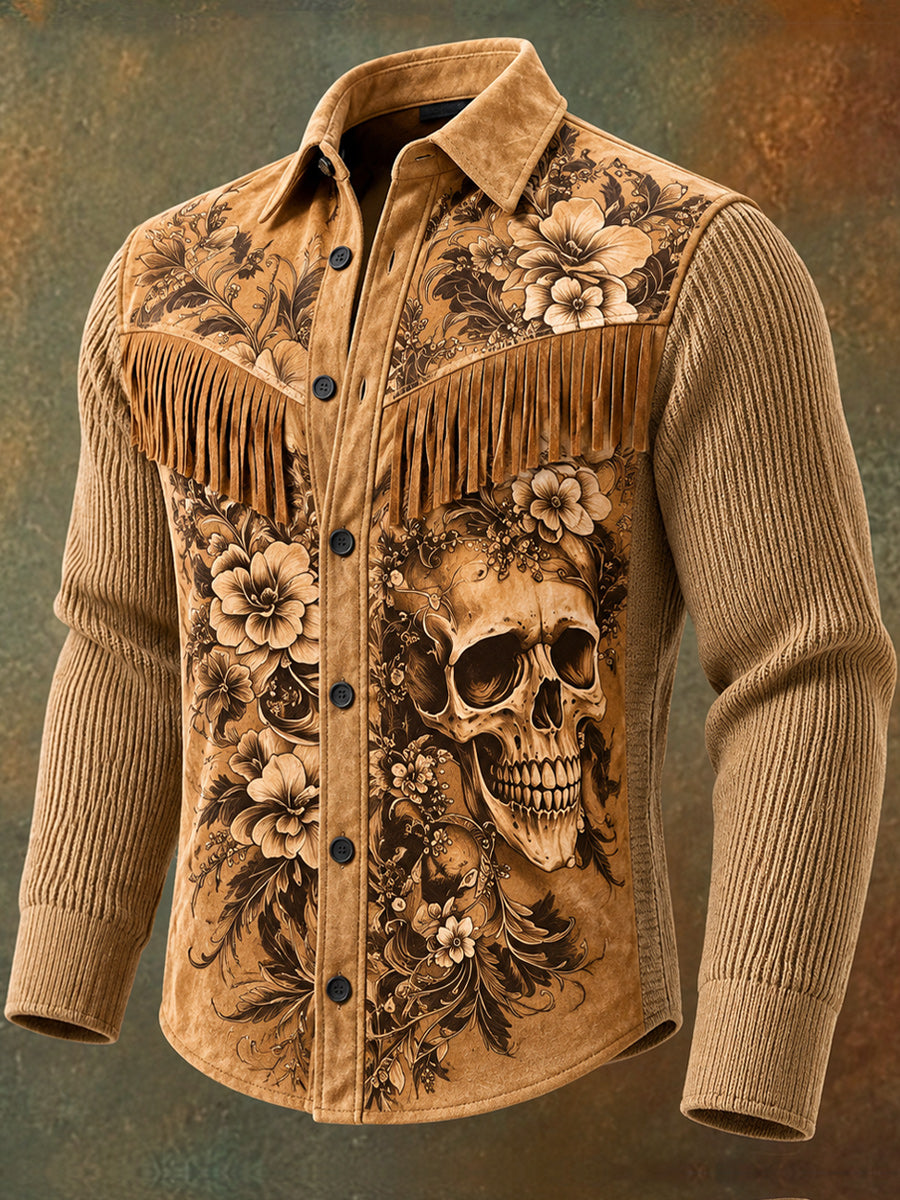 Men's Retro Style Art Print Western Vintage Tassel Casual Long Sleeve Shirt