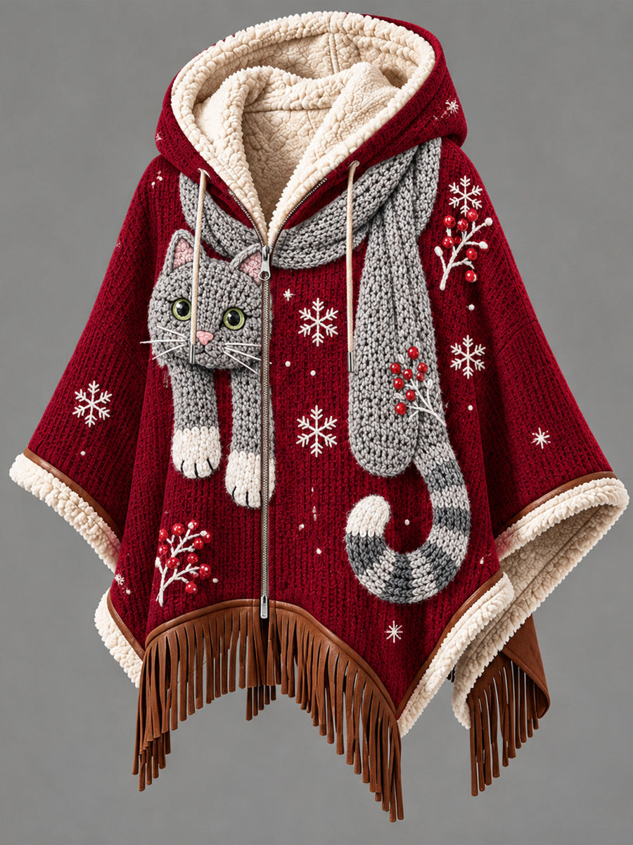 Women's Fall Winter Vintage Art Fleece-Lined Hooded Fringe Poncho