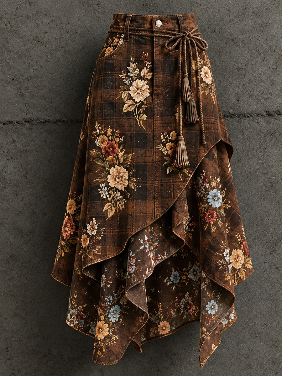 Women's Retro Style Art Print Irregularly Layered Stitched Skirt