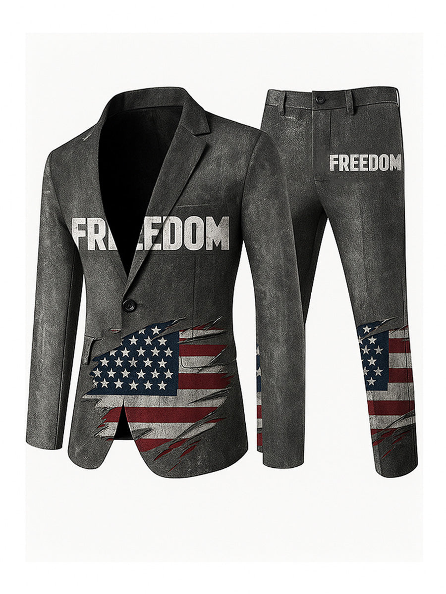Men's Freedom American Flag Print Casual Jacket Trousers Two-Piece Suits