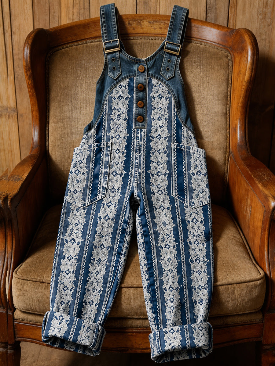 Women's Retro Style Art Print Washed Cotton Denim Patchwork Jumpsuit
