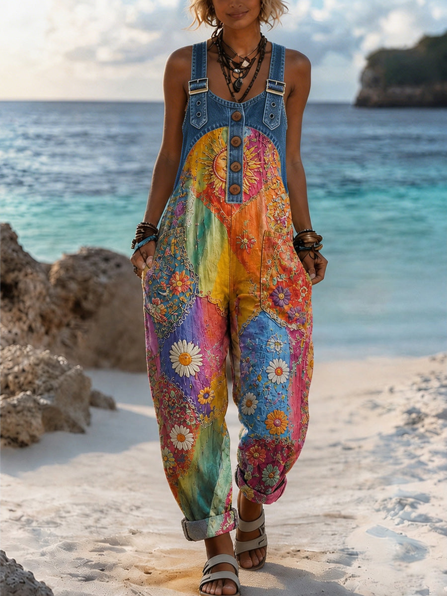 Women's Retro Style Art Print Washed Cotton Denim Patchwork Jumpsuit