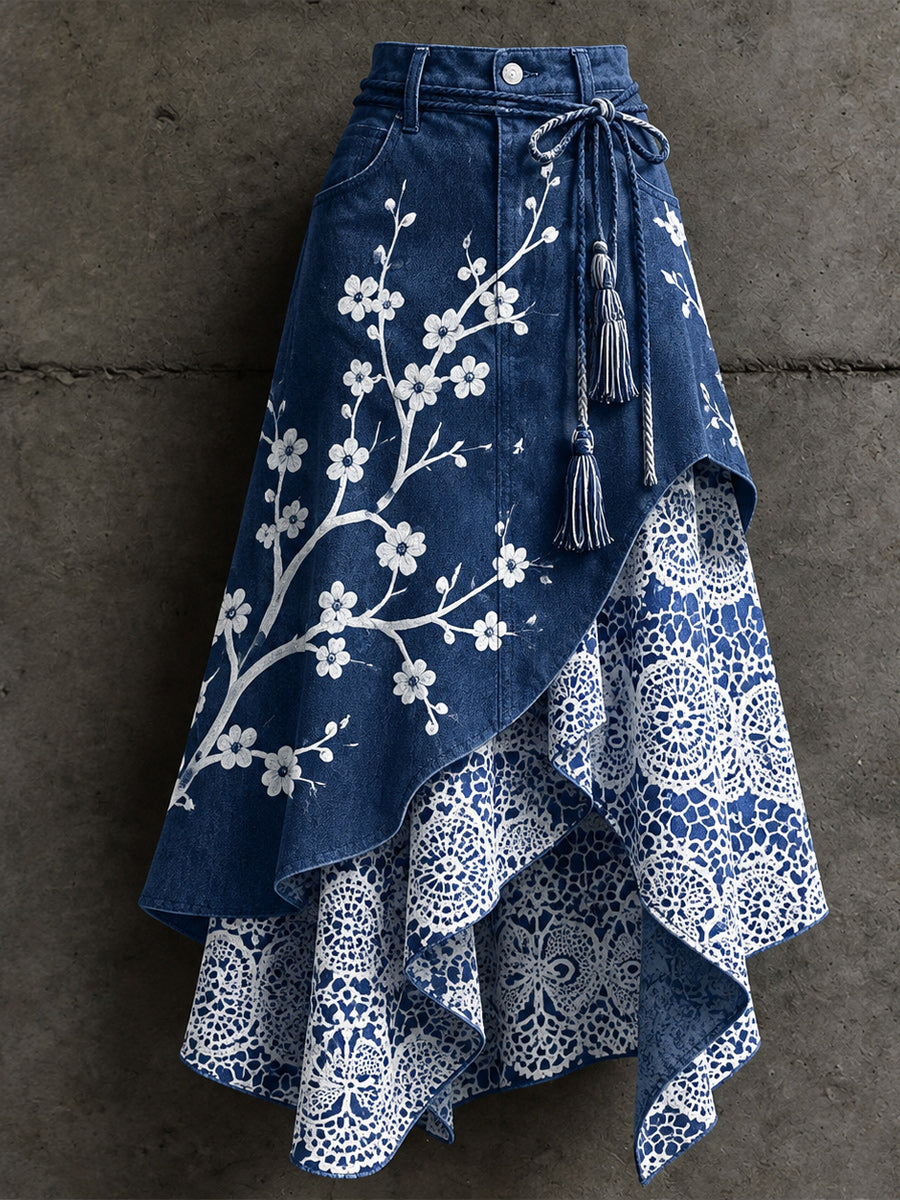 Women's Retro Style Art Print Irregularly Layered Stitched Skirt