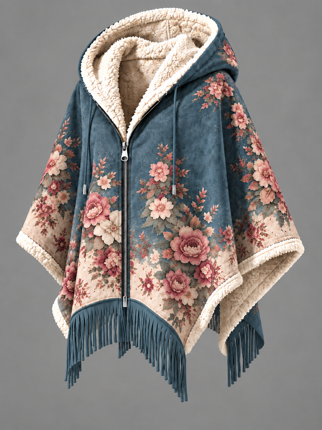 Women's Fall Winter Vintage Art Fleece-Lined Hooded Fringe Poncho