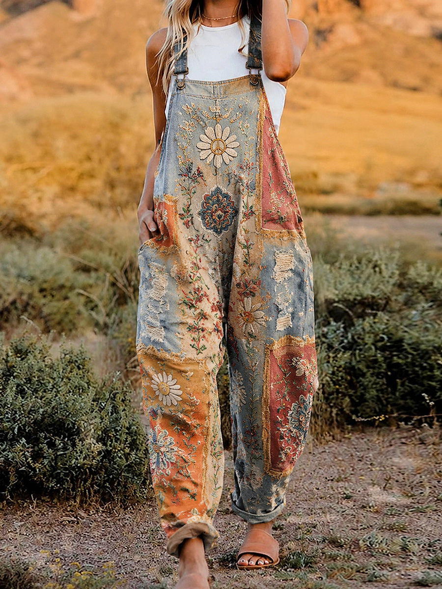 Women's Retro Style Art Print Washed Cotton Denim Patchwork Jumpsuit