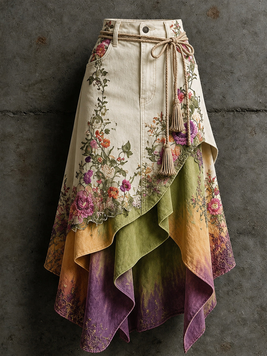 Women's Retro Style Art Print Irregularly Layered Stitched Skirt