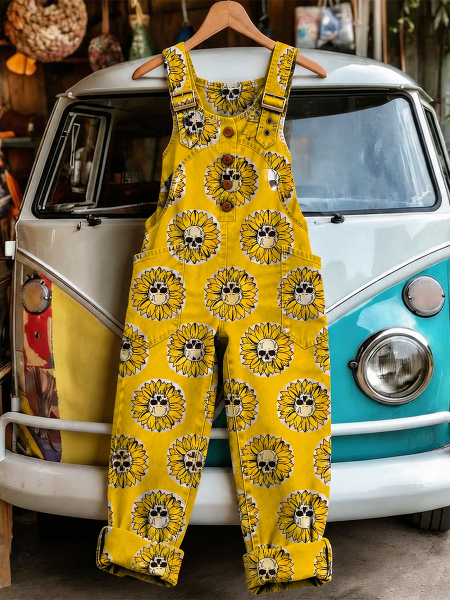 Women's Retro Style Art Print Washed Cotton Denim Patchwork Jumpsuit