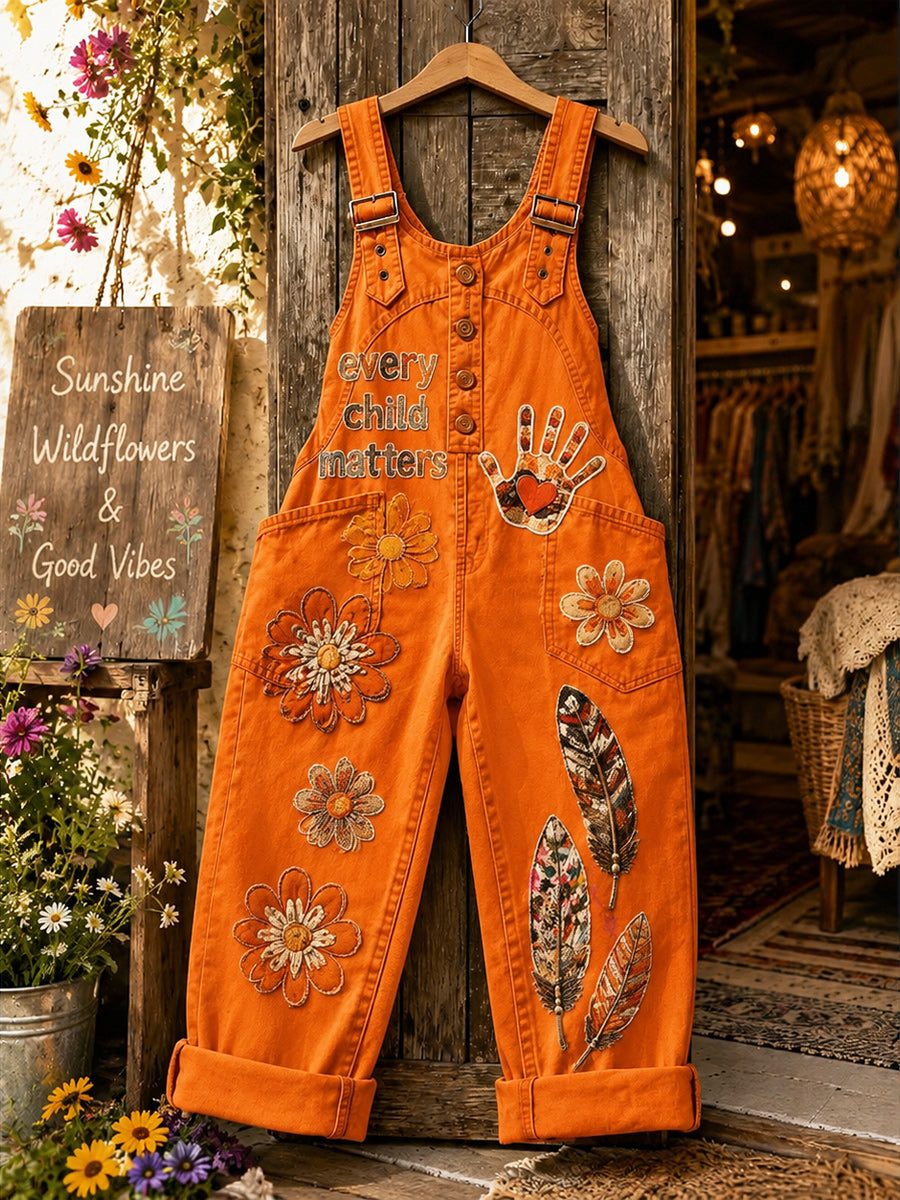 Women's Retro Style Art Print Washed Cotton Denim Patchwork Jumpsuit