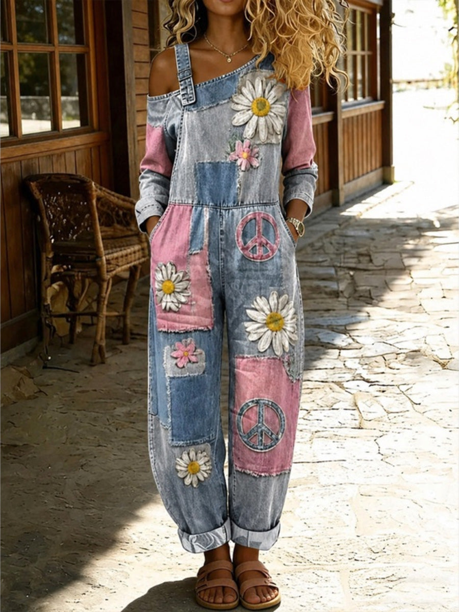 Women's Retro Style Floral Art Print Washed Cotton Denim Patchwork Jumpsuit