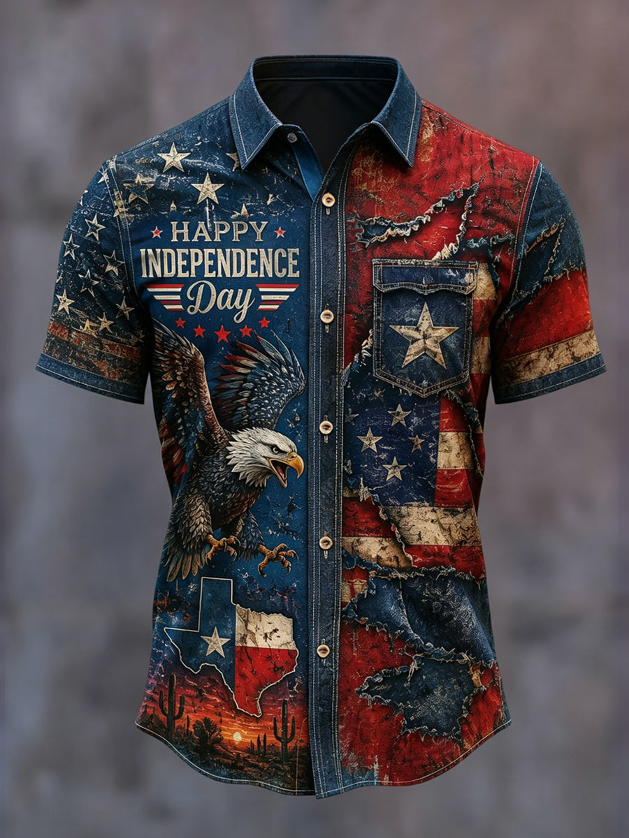 Retro American Eagle Texas Art Printed Round Neck Short Sleeves Shirt