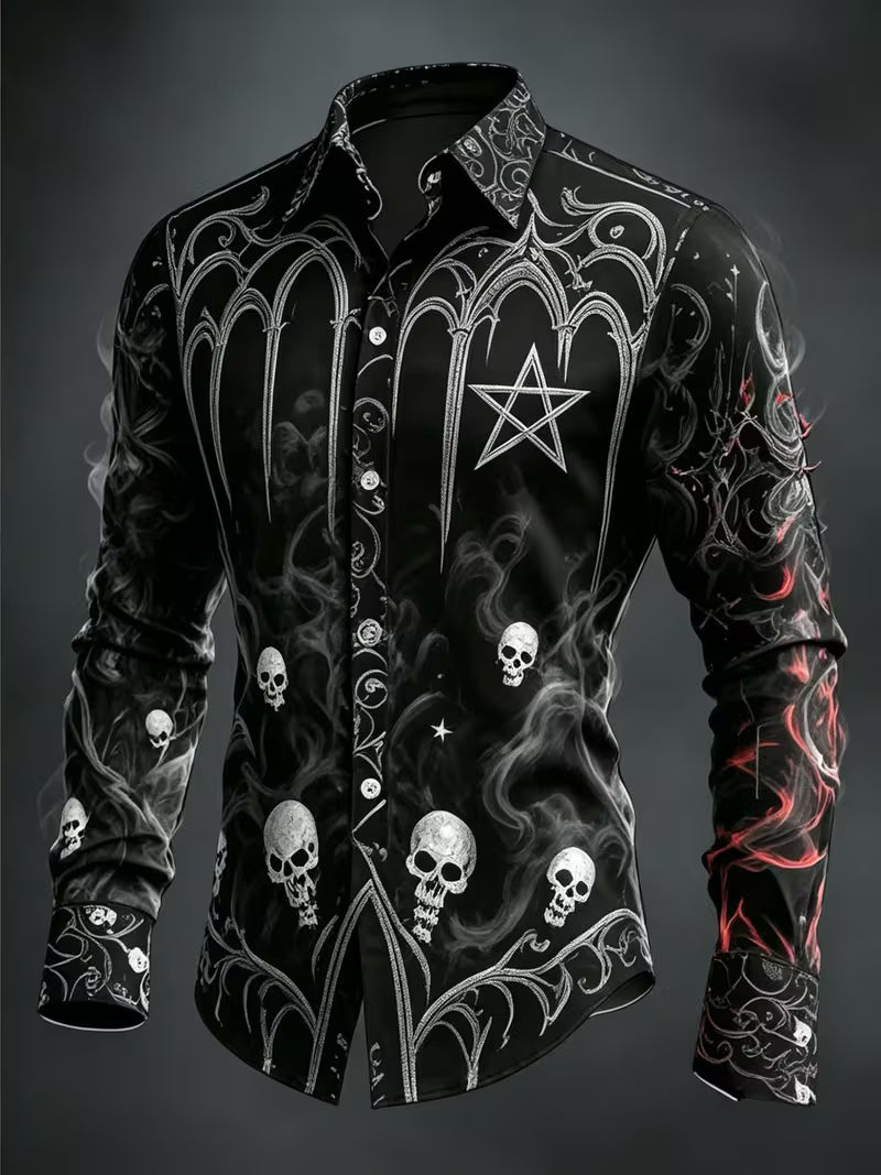 Gothic Skull Halloween Art Print Vintage Casual Long Sleeve Shirt