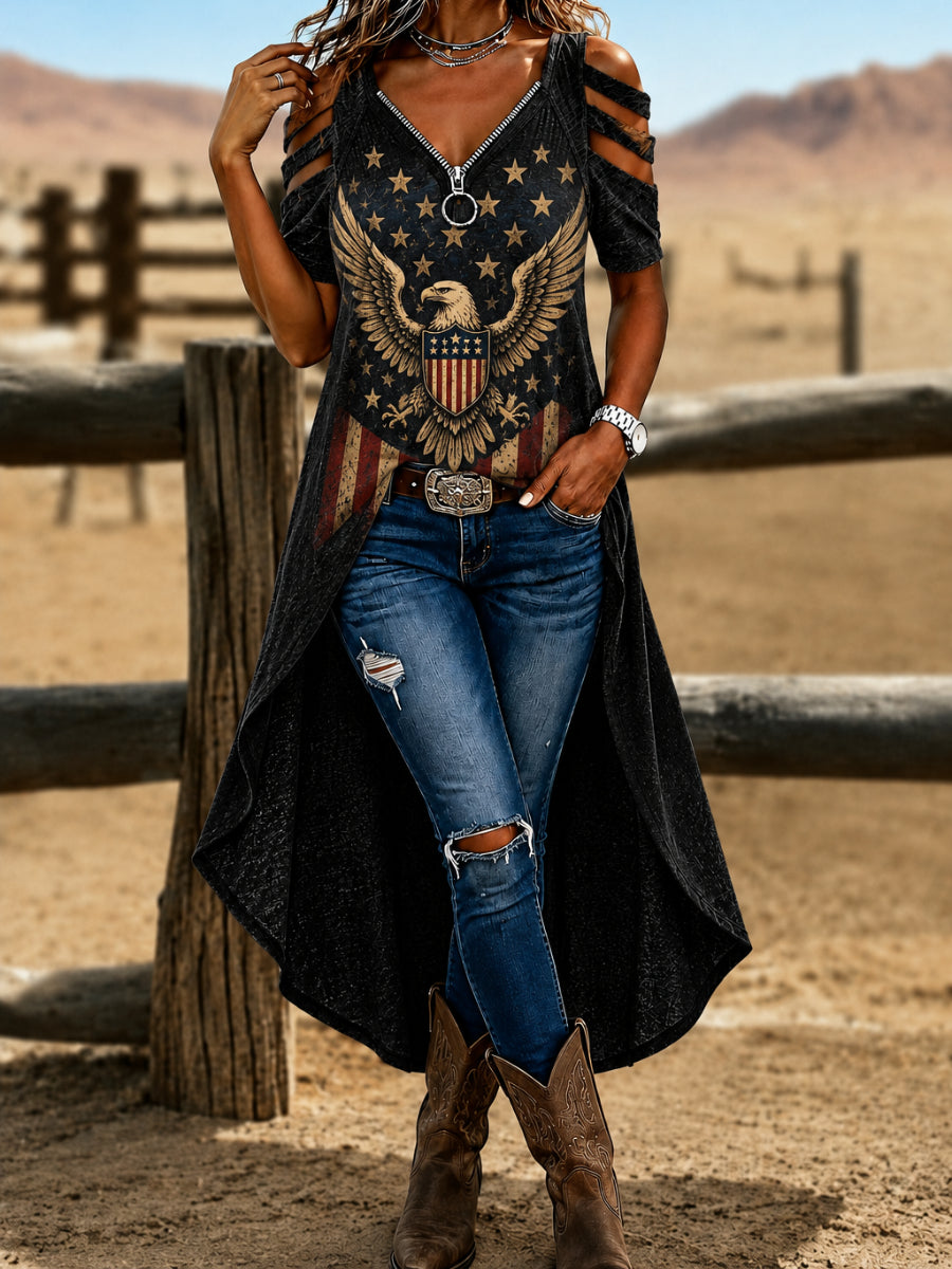 American Style Short Sleeve Off Shoulder Irregular Shirt