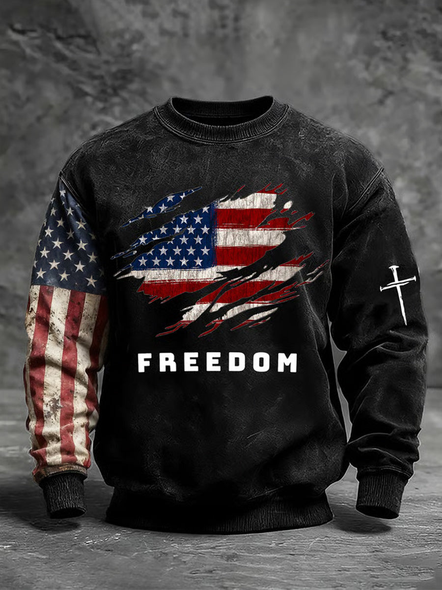 Men's Freedom American Flag Print Retro Casual Long Sleeves Sweatshirt
