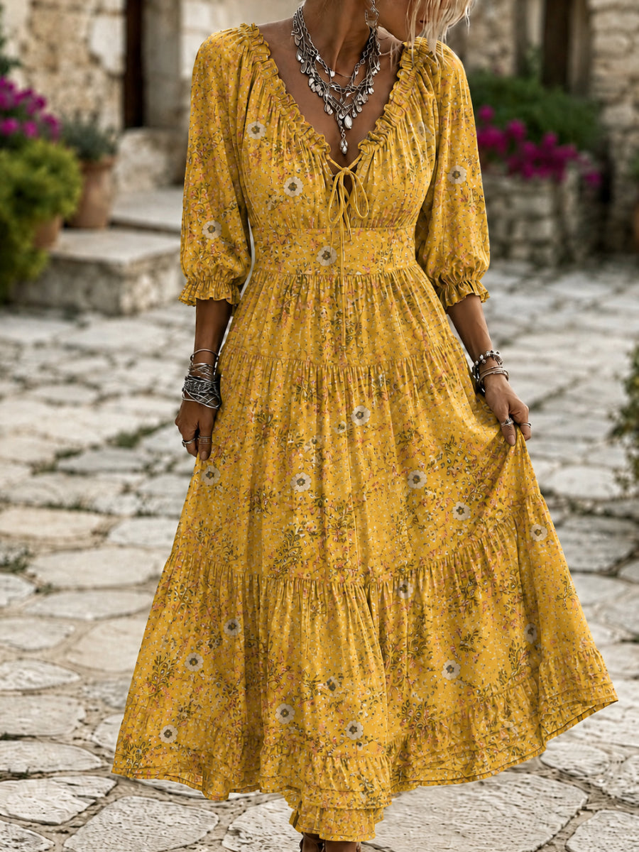 Retro Floral Art Print V-Neck Midi Dress
