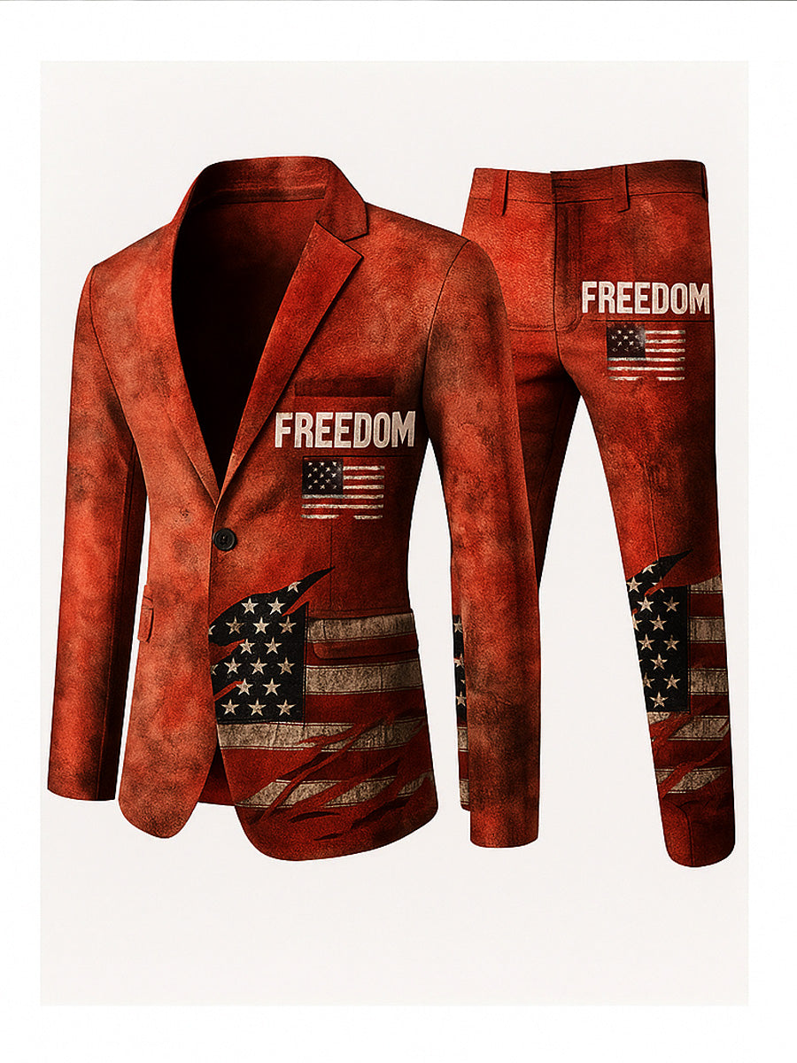 Men's Freedom American Flag Print Casual Jacket Trousers Two-Piece Suits