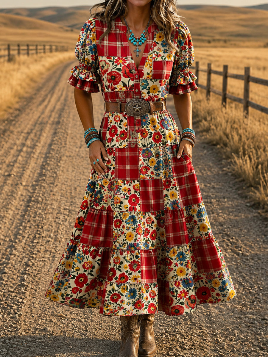 Women's Retro Art Print Washed Cotton Lace Patchwork Midi Dress