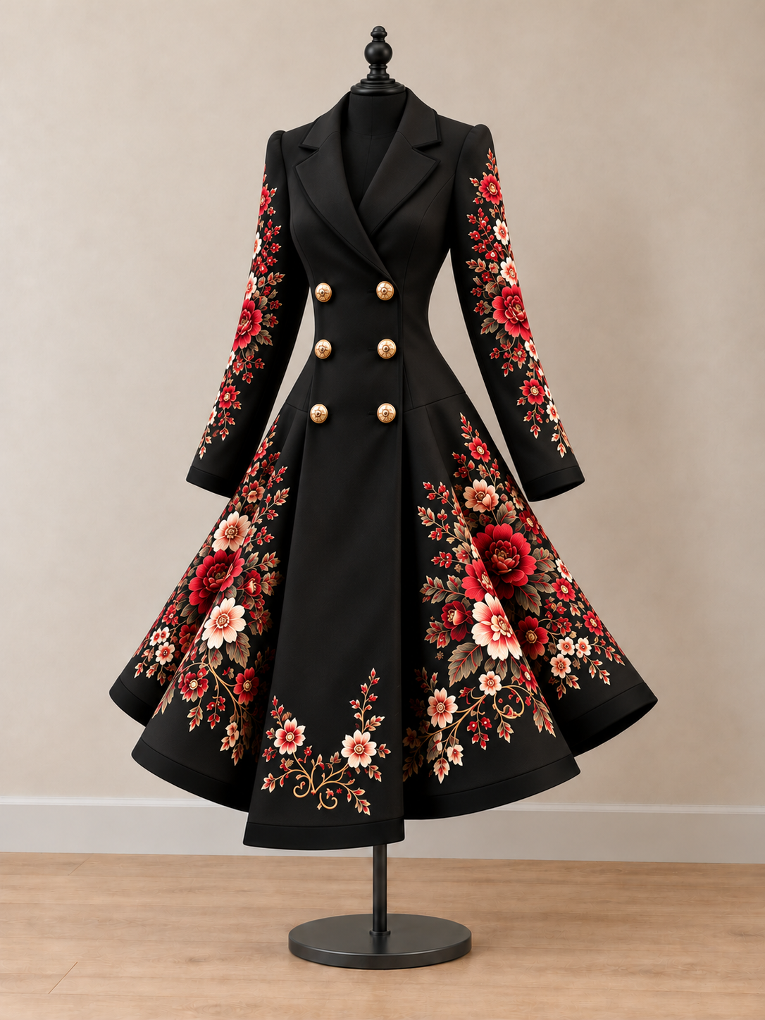 Women's Vintage Art Print Double-Breasted Fit and Flare Blazer Dress