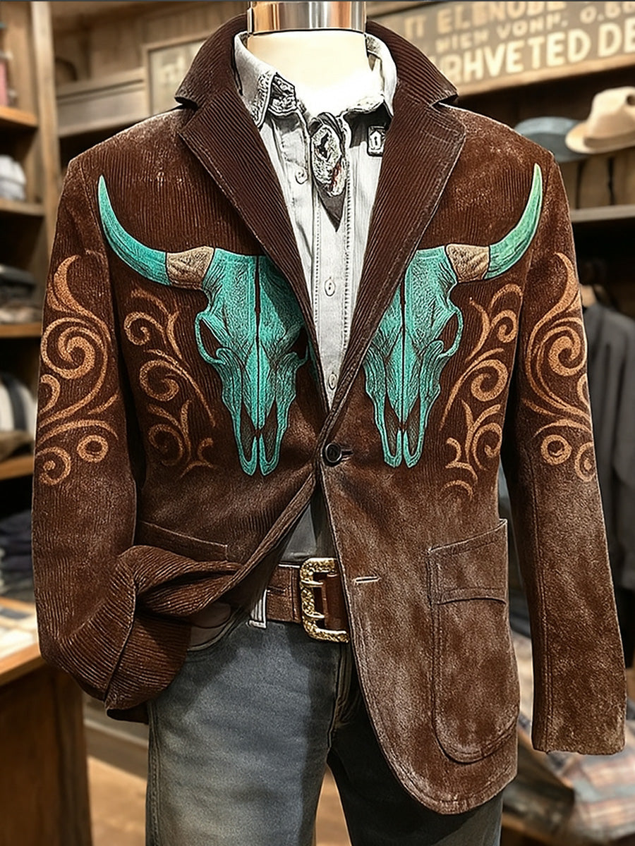 Men's Retro Western Style Bull Skull Print Casual Corduroy Pocket Blazers