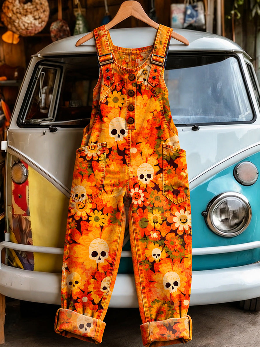 Women's Retro Style Art Print Washed Cotton Denim Patchwork Jumpsuit
