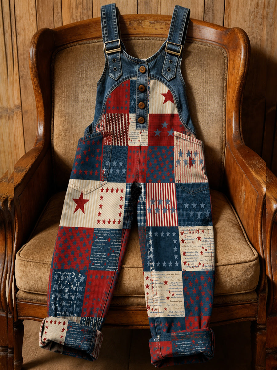 Women's Retro Style Art Print Washed Cotton Denim Patchwork Jumpsuit