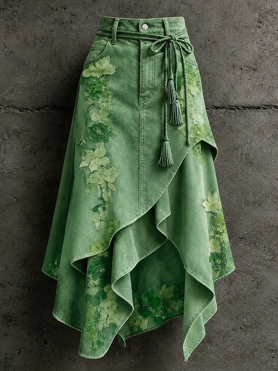 Women's Retro Style Art Print Irregularly Layered Stitched Skirt