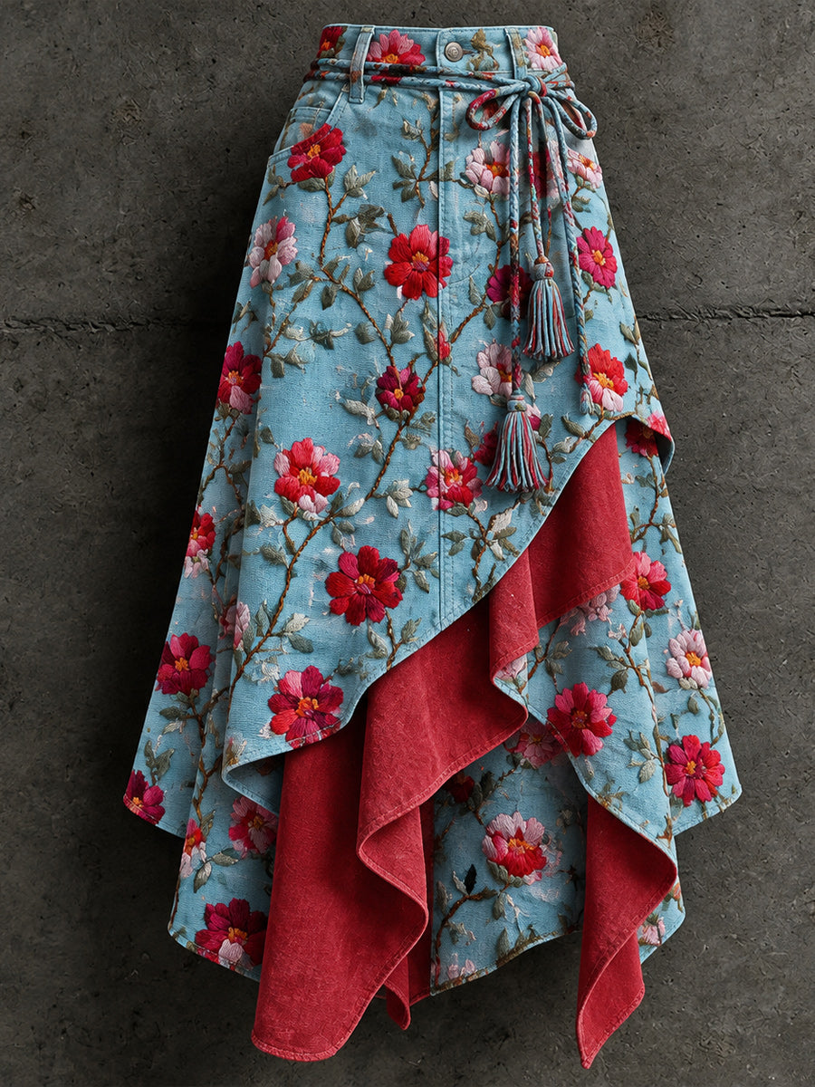 Women's Retro Style Art Print Irregularly Layered Stitched Skirt